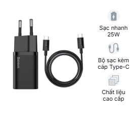 Bộ sạc nhanh Baseus Super Si 25W 1 cổng kèm cáp Type C to Type C 1m